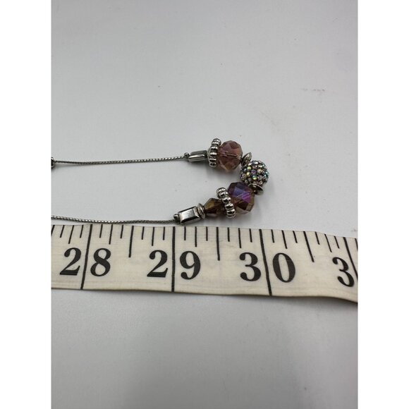 Long Necklace Purple Beads Glass Mother of Pearl Silver Tone Chain Layered - Picture 13 of 15